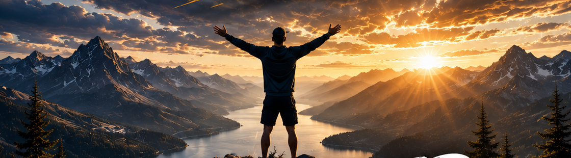 A person standing on a mountain summit with arms raised, overlooking a lake and mountains at sunrise